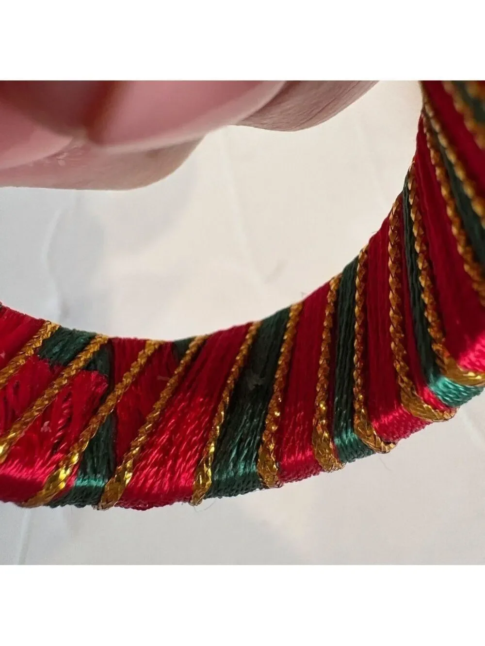 Festive Red and Green Striped Napkin Rings with metallic gold thread. Set of 12.